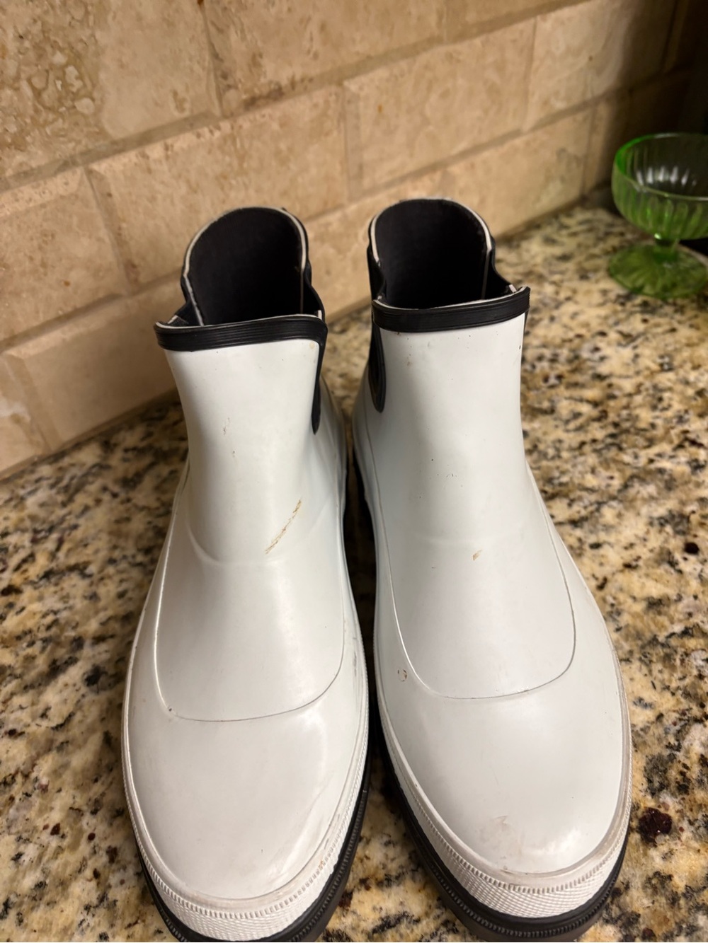 Cathy Jean White Chelsea-Style Rain Ankle Boots with Black Trim